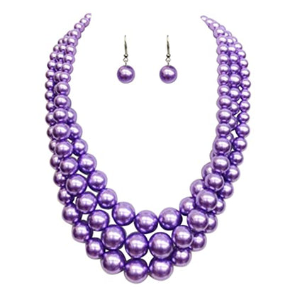 Rosemarie & Jubalee Women's 3 Colorful Multi Strands Simulated Pearl Necklace And Earrings Jewelry Gift Set, 18"+3" Extender - color: Lavender Purple Silver Tone