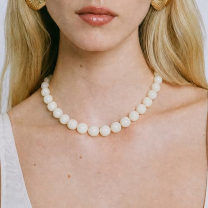 Multicolor Chunky Beaded Necklace, Statement Colorful Round Ball Beads Choker Necklace with Gold-Tone Adjustable Chain, Fashion Bold Neck Jewelry for Women - color: 16mm-Beige