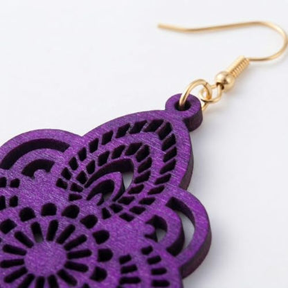 Boho Black Filigree Dangle Earrings for Women, Lightweight Hollow Lace Drop, Wood, 3.34" x 1.69", Bohemian Jewelry - color: Purple