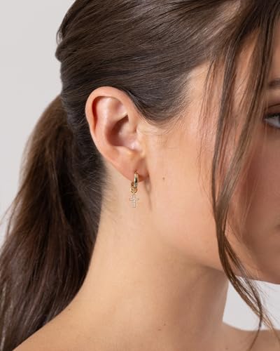 PAVOI 14K Gold Plated Mix & Match Charms Dainty Huggie Earrings for Women | Hypoallergenic Earrings with 925 Sterling Silver Posts, Huggie Hoop Earrings with Motif Dangle Charms Pack - style: Cross