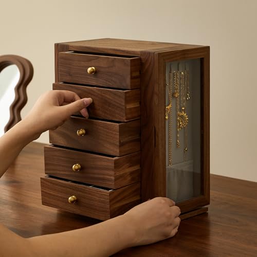 360 Rotating Design Wooden Jewelry Box for Women | Large Jewelry Organizer with Velvet Lining, 5 Drawers, Transparent Glass Doors, Black Walnut Wood Grain - size: Rotation
