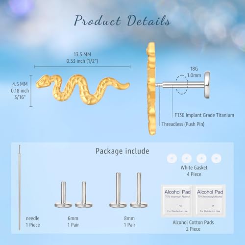limerencia G23 Hypoallergenic 18g Flat Back Stud Earrings | F136 Implant Grade Titanium Pressfit Threadless Push Pop in Cartilage Helix Labret Lip Monroe Tragus Flat Back Piercing Studs - color: Snake Gold