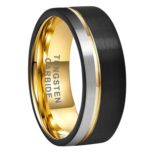 TUTISS 8mm Black/Blue/Gold/Rose Gold Tungsten Rings for Men Women Fashion Engagement Wedding Bands Brushed Finish Offset Line Comfort Fit - color: 8mm Black Gold Tungsten