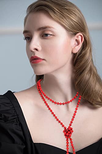 Firstmeet Fashion Beads Rope Knot Long Beaded Necklace Versatile 60" Strand Costume Jewelry for Women - color: Red Tur