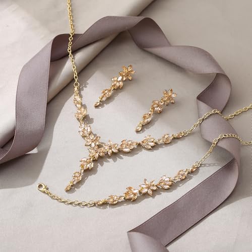 EVER FAITH Crystal Flower Wedding Prom Jewelry Set for Bride Bridesmaid | Rhinestone Costume Party Y-Shaped Necklace Dangle Earrings Bracelet, for Women - color: Champagne Gold-Tone