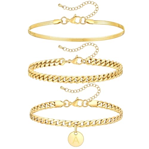 FOSIR Gold Initial Ankle Bracelets for Women, 14k Gold Plated Layered Anklets for Women 3Pcs Waterproof Stainless Steel Cuban Link Herringbone Chain Anklets Set - style: A-gold