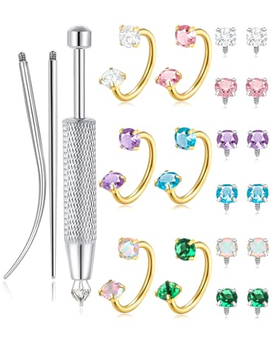 Akeoqi Horseshoe Nose Rings 316L Surgical Steel Half Hoop Earrings for Women Internally Threaded Cartilage Helix Tragus Earrings Double CZ Eyebrow Lip Piercing 18G 20G 8MM Silver Gold Plated - color: Gold,Colorful CZ