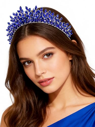 Bridal Rhinestone Headband Wedding Hair Accessories for Women, Pearl Crystal Headband Wedding Costume Headpieces for Brides Princess Quinceanera Christmas Party Prom Birthday(Blue) - color: Blue