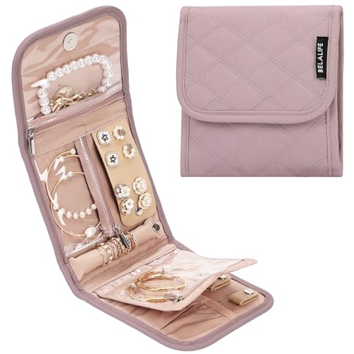 BELALIFE Travel Jewelry Case, Jewelry Organizer Roll for Accessories | Bag with foldable roll design for earrings, necklaces, rings, bracelets and brooches,Peach-Pink - color: Peach-Pink, size: Small