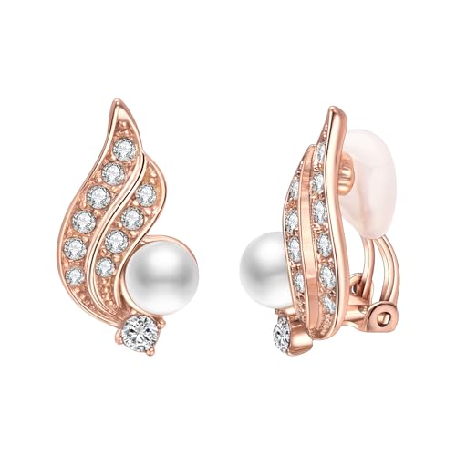 Yoursfs Pearl Clip On Earrings for Women 18K Rose Gold Plated Dainty Iced CZ Angel Wing Earring White Pearl Clip On Earring Non Pierced Earrings Jewelry