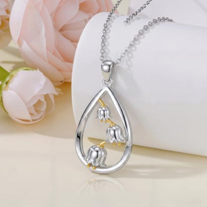 12 Month Birth Flower Necklace for Women 925 Sterling Silver Floral Teardrop Pendant Birthday Jewelry Gifts - color: 05. May Lily of the Valley
