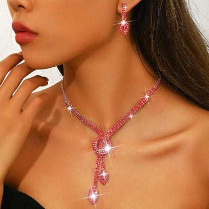Unicra Silver Rhinestone Bridal Wedding Jewelry Set Crystal Necklace Earrings Sets Formal Prom Costume Jewelry Sets for Women and Brides - color: Red