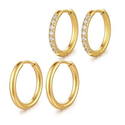 Small Hoop Earrings for Women, Stainless Steel Huggie Hoop earrings, 18G | 2/4/6 Pairs, 6mm/8mm/12mm Small Hoop Earrings, Lobe Helix Conch Tragus Daith Rook Cartilage Piercing Jewelry,Gold Silver - color: Golden-2 pairs-12mm