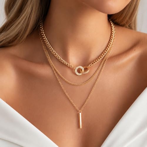 Layered Gold Necklace for Women Rhinestone Circle Pendant Necklace Triple Layer Chain Necklace Cuban Chain Bar Charm Jewelry for Work Date Gift