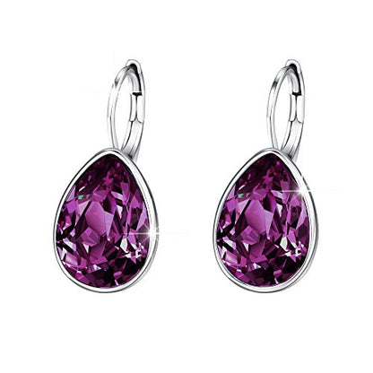 Xuping Jewelry Huggies Crystal Teardrop Earrings for Women Clear Crystals Leverback Silver Earring Fashion Party Jewelry Gifts - color: Purple