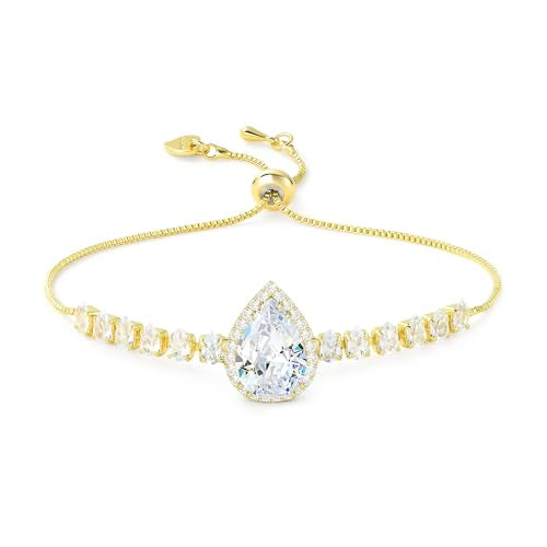 Linawe Crystal Imitation Diamond Rhinestone Charm Bracelets for Women, Gold/Silver/Rose Gold Adjustable Chain Bracelet, Teardrop Birthstone Cubic Zirconia Prom Costume Wedding Jewelry - color: Gold,April