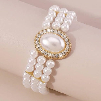 Multi-Layer Faux Pearl Bracelet for Women, Oval Gemstone Elegant Bangle with Rhinestone Accents - color: Gold, size: One Size
