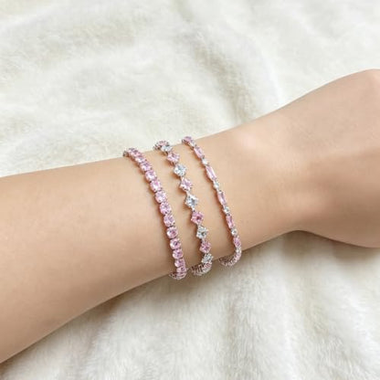 3Pcs Women Stackable 14K Gold Plated Tennis Bracelet with Colorful CZ | Dainty Classic Everyday Jewelry 14K Gold Plated Colorful Cubic Zirconia Tennis Bracelet Created Diamond for Wedding 7 inches - color: silver pink
