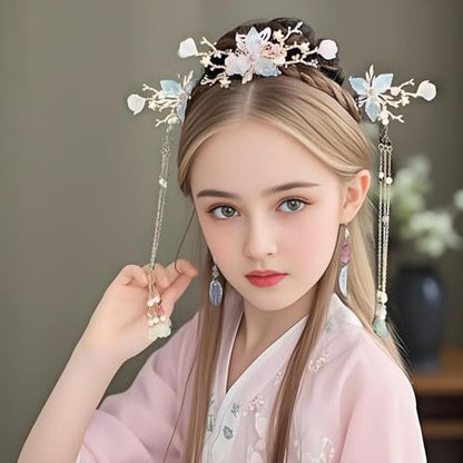 Hanfu Hair Accessories Set Green Butterfly Tassel Chinese Vintage HairStick | Hair Sticks, Butterfly Tassel Hairpin Comb, Earrings Kit, Rhinestone Pearl, Wedding Bridal Cosplay Daily Wear