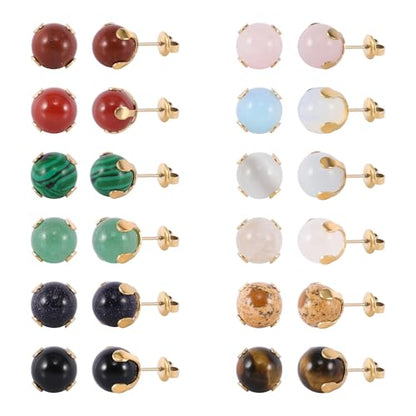 12 Pairs Multi Natural Gemstone Round Bead Ball Stud Earrings Stainless Steel Opal Tiger Eye Rose Quartz Onyx Stone Stud Earrings Set for Women - color: Gold 10mm