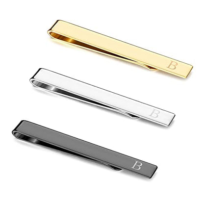 3Pcs Stainless Steel Tie Clips for Men Unique Gold Tie Bar Pin Tack Set | 3 Pcs Elegant Personalized Classic Letter Tie Clips for Men, Silver and Black Tone
