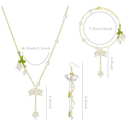 NEWITIN 4 Pieces Flower Jewelry Set for Women Fashion Costume Jewels Pink Flower Dangle Earrings Necklace Floral Beads Bracelet Gold Jewelry Set for Women - color: White Flower Jewelry Set