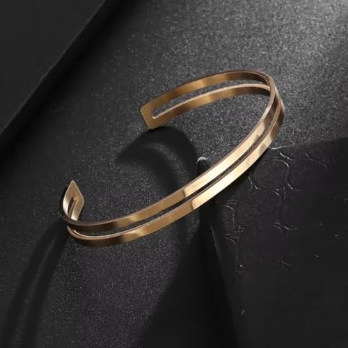 Simple polished titanium steel open bracelet, stainless steel C-shaped bracelet, adjustable double line bracelet, suitable for daily wear or gift giving, suitable for both men and women - color: gold