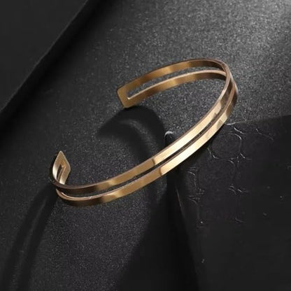 Simple polished titanium steel open bracelet, stainless steel C-shaped bracelet, adjustable double line bracelet, suitable for daily wear or gift giving, suitable for both men and women - color: gold