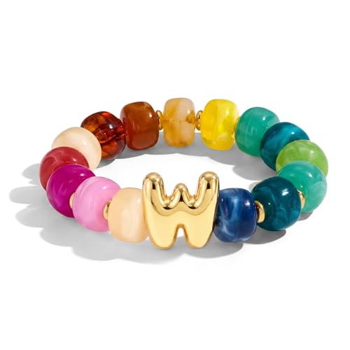 Bubble Initial Chunky Beaded Bracelet for Women Colorful Resin Bead Trendy Statement Big Stretch Bracelets Summer Beach Boho Charm Jewelry Cute Gifts for Women - color: Initial W