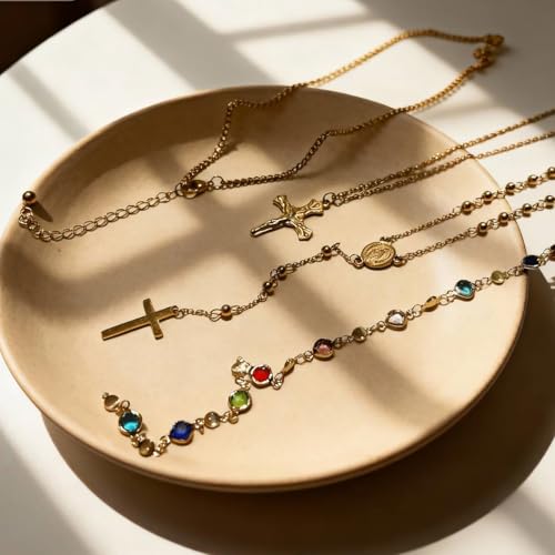 Layered Necklace for Women, Cross Pendant Y Necklace Set, 18K Gold Plated Dainty Stackable Jewelry Gift for Everyday Wear - style: 4PCS - G