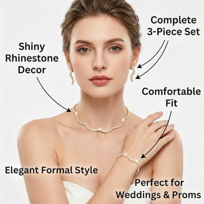 Rhinestone Bridal Jewelry Set, Choker Necklace Earrings Bracelet, Formal Wedding Prom Accessories for Women and Brides - color: Golden