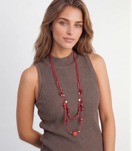 FULU AUTUMN Long Layered Beaded Necklaces for Women Statement Double Bead Strand Ceramic Flower Boho Jewelry Gifts for Mom - color: Red