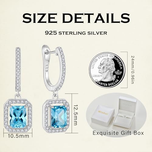 Women's Solitaire Dangle Drop Earrings 925 Sterling Silver Pure Square Huggie Earrings Hoop Dangle Drop Earrings Jewelry Gift - color: 03-aquamarine-Mar