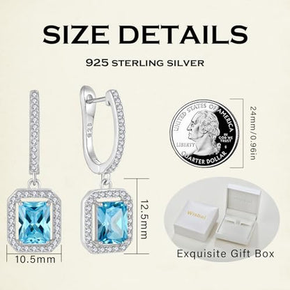 Women's Solitaire Dangle Drop Earrings 925 Sterling Silver Pure Square Huggie Earrings Hoop Dangle Drop Earrings Jewelry Gift - color: 03-aquamarine-Mar
