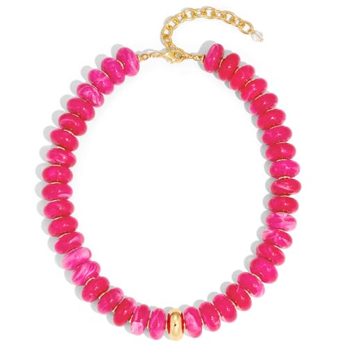 Chunky Beaded Necklace for Women Boho Statement Bead Necklace Adjustable Choker with Polished Disc/Square Beads Trendy Summer Beach Jewelry Gifts - color: Hot Pink
