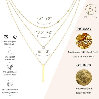 14K Gold Silver Plated Layered Necklaces for Women Trendy | Necklaces for Women Trendy, Stackable Dainty Chain Necklace, Beach Cute Fashion Pendant Choker Necklace, Jewelry Set Gifts - color: 3PCS / Satellite & CZ & Bar
