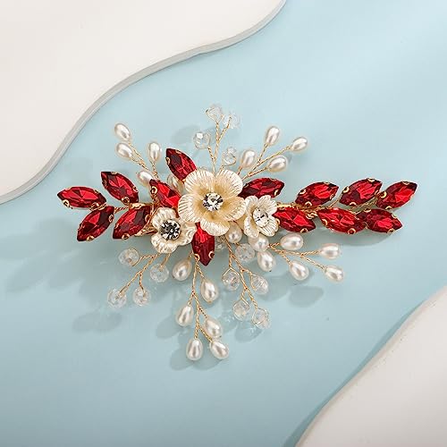 Xerling Red Rhinestones Crystal Flower Hair Barrettes Clip Boho Bridal Pearl Hair Jewelry Accessories for Women Wedding Floral Headpieces (Red) - color: Red