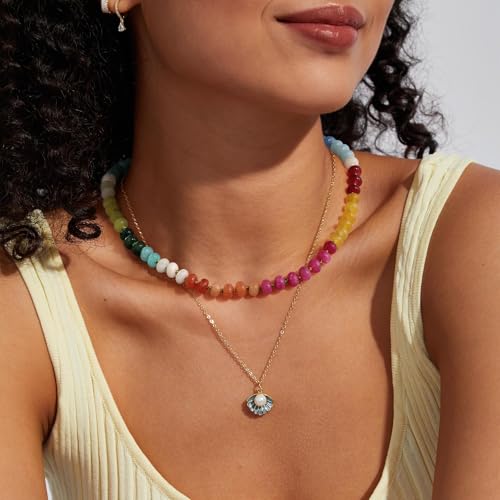 KissYan Beaded Gemstone Necklaces for Women | Colorful Bead Natural Stone Choker with 14K Gold Plated Spring Ring Clasp, Handmade Knot Jewelry for Summer Beach - color: L-Blue & Pink