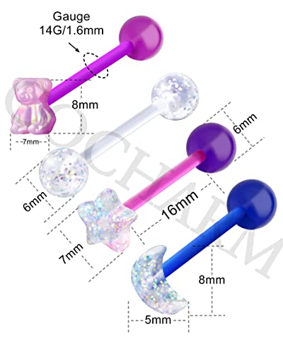 COCHARM 4PCS Acrylic Tongue Rings Flexible 14g Plastic Tongue Rings for Women UV Pink Bear Moon Tongue Barbell Star Tongue Ring Set Bio-Flex Tongue Piercing Jewelry