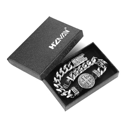 HZMAN 8.5Inch Cuban Link Bracelet for Men Silver Stainless Steel Heavy Biker Link Bracelet - color: St Benedict Cross