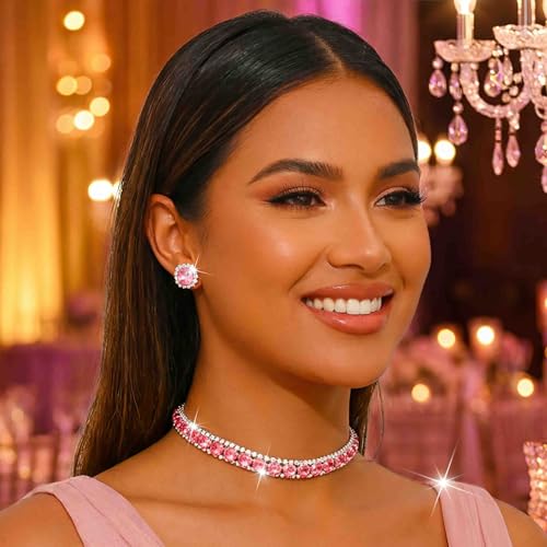 CLOACE Rhinestone Bridal Wedding Jewelry Set Sparkly Chocker Necklaces Earrings Prom Jewelry Accessories for Women - color: Pink