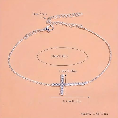 Fesciory Silver Ankle Bracelets for Women, Adjustable Rhinestone Pendant Tennis Anklet, Butterfly Heart Infinite Diamond Summer Beach Foot Chain Jewelry Gifts - style: Cross1