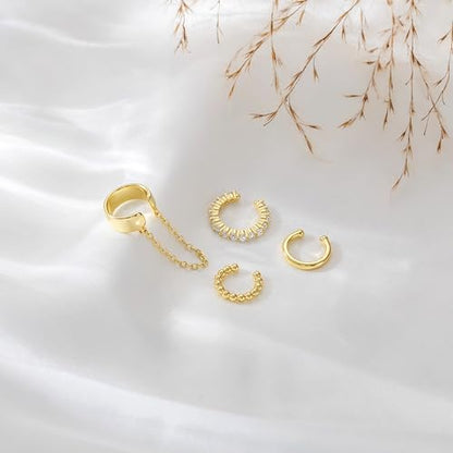 14K Gold Plated Ear Cuff Earrings for Women, Dainty Ear Cuffs Non Piercing Clip on Earrings Trendy Non pierced Cubic Zirconia Fake Hoop Earring Jewelry Sets for Women - color: Gold-2