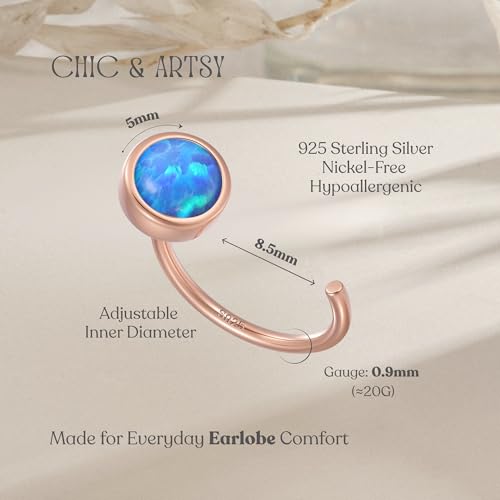 CHIC & ARTSY 925 Sterling Silver Half Hoop Earrings for Women, Dainty Huggie Hoops with Synthetic Opal, Moonstone, CZ & Gemstones, Lightweight Comfort Fit Everyday Elegant Jewelry - color: Synthetic Blue Opal/Rose Gold Plated Silver