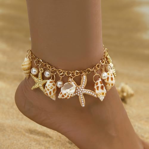 Qceasiy Shell Ankle Bracelets for Women, Boho Beaded Beach Anklet Set | Seashell, Heart, Starfish and Conch Styles, Gold-Tone, Stretch or Adjustable Fit, Layered Beach Vacation Jewelry Gifts - color: Gold 3