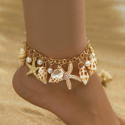 Qceasiy Shell Ankle Bracelets for Women, Boho Beaded Beach Anklet Set | Seashell, Heart, Starfish and Conch Styles, Gold-Tone, Stretch or Adjustable Fit, Layered Beach Vacation Jewelry Gifts - color: Gold 3