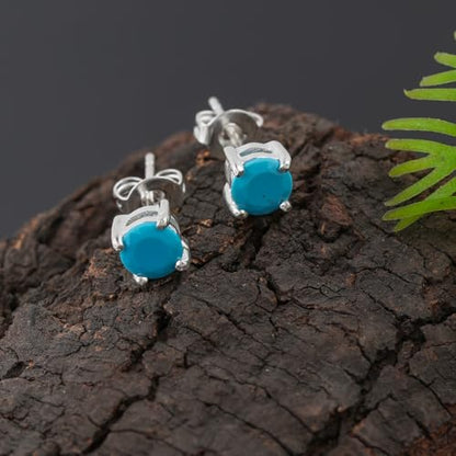 Natural 5mm Blue Turquoise Gemstone Crystal Studs Earring Pair for Women, Push Backs, Birthstone, Facet Round Stone, Gift Jewelry, Silver Plated Wholesale Bulk Jewelry