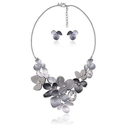 AMYJANE Vintage Statement Jewelry Set - Spring Leaf Flower Floral Plant Necklace Earring Set Crystal Rhinestone Fashion Costume Jewelry for Women Prom Party Unique Gift - style: meilian flower jewelry set grey