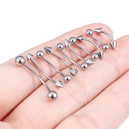 20G Eyebrow Piercing Jewelry Surgical Steel Vertical Labret Lip Jewelry Curved Barbell Tiny Eyebrow Rings Ear Rook Navel Small Belly Button Ring for Women Men 6mm/8mm/10mm/12mm/14mm - color: silvertone,ball+spike