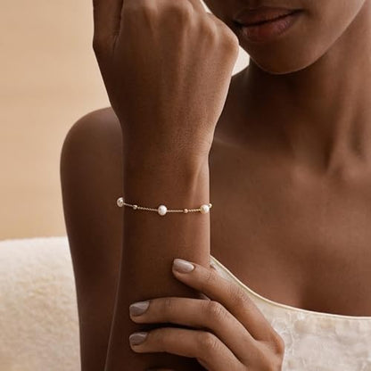 Pearl Bracelets for Women, 14k Gold Plated Dainty Beaded Bracelets Stack Link Chain Charm Bracelets Set Layered Tiny Jewelry for Women Christmas Gifts - style: GD-4
